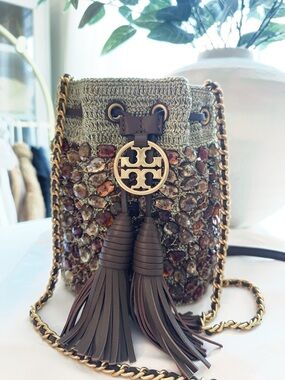 Tory Burch Multicolor Beaded Tassel Mini Bucket Bag